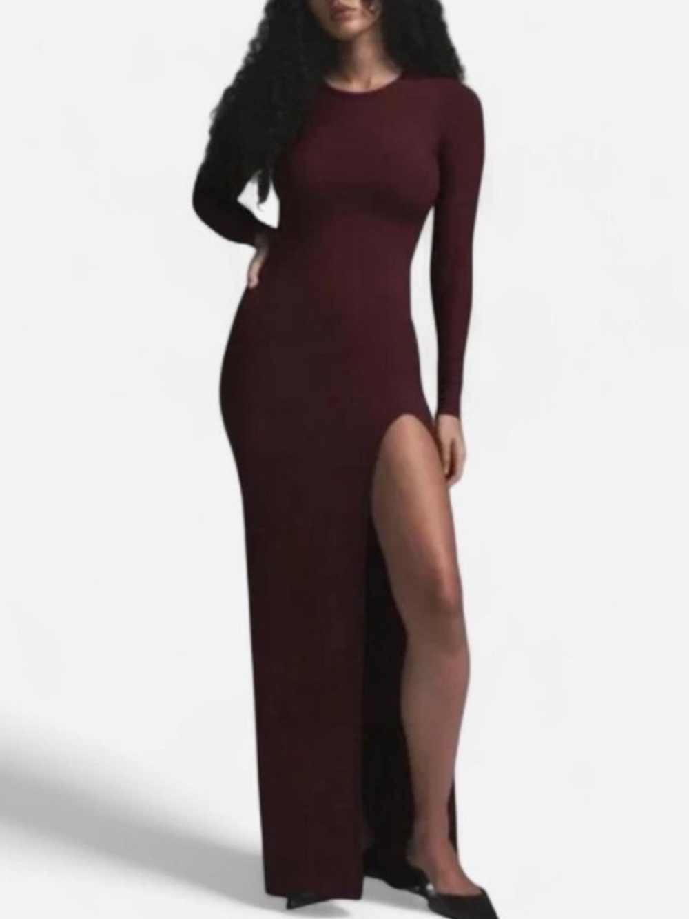 SKIMS Long Sleeve Maxi Dress in Burgundy with Thigh Slit
